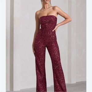 0310 - Wild Fable Sparkling Burgundy Strapless Jumpsuit
